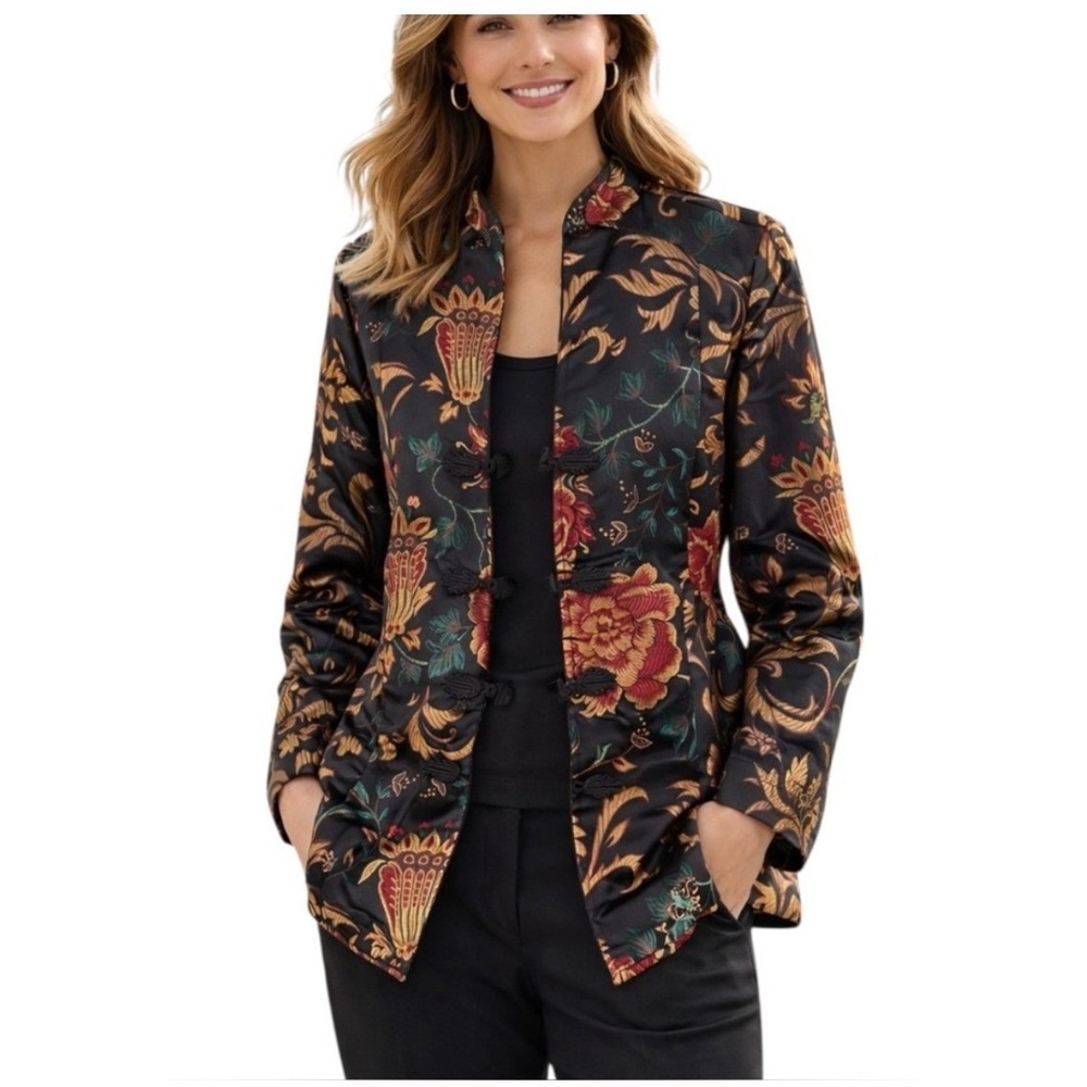 Soft Surroundings Moon Dynasty Floral Brocade Jacket Black Gold Womens Size 2X